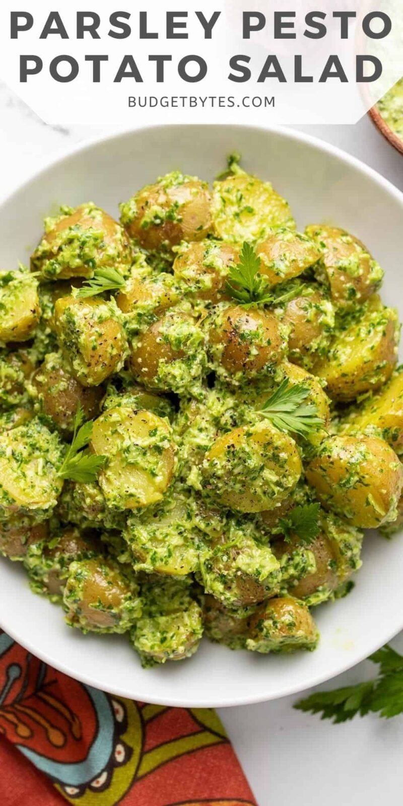 Overhead view of a bowl of pesto potato salad.