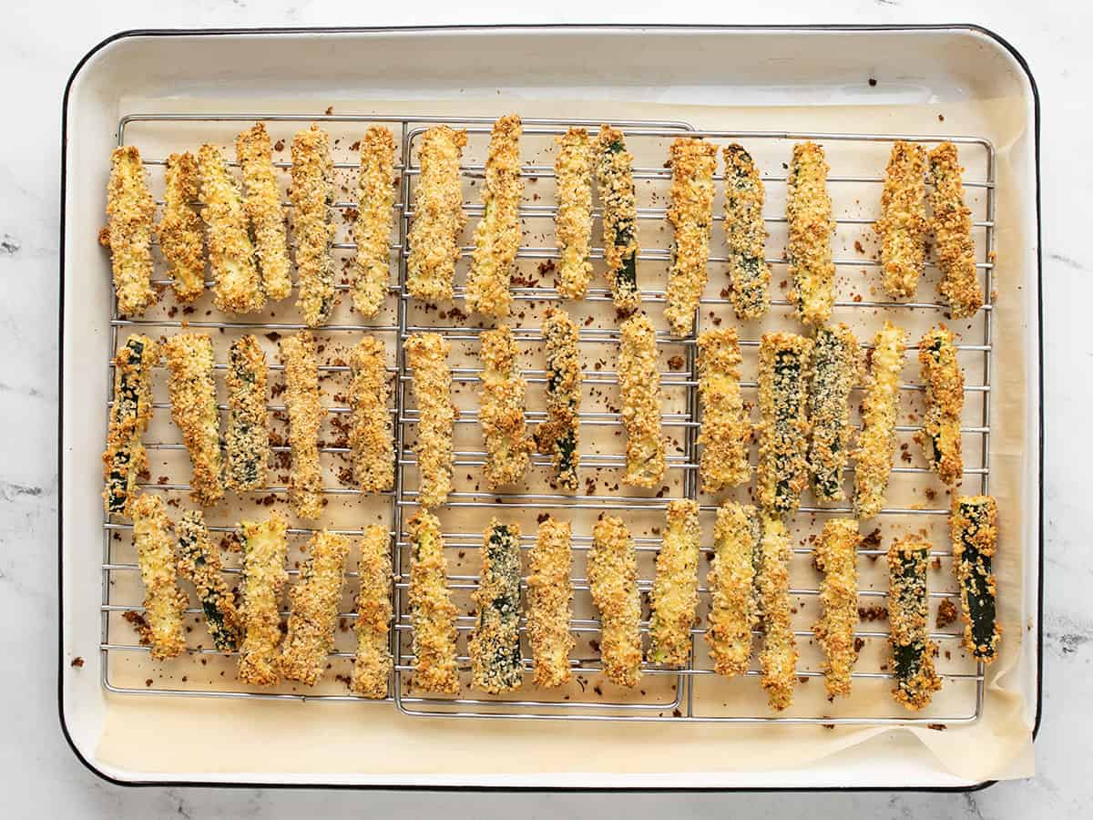 Baked Zucchini Fries on the baking sheet.