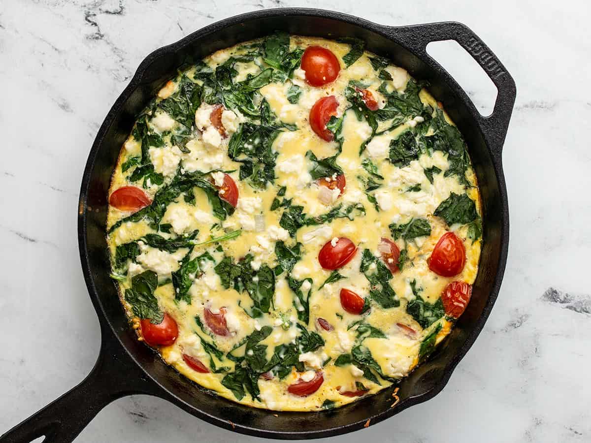 Baked frittata in the skillet.