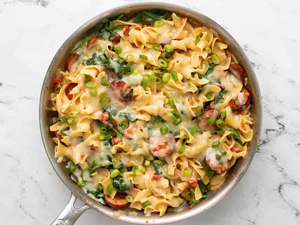 Finished pasta topped with sliced untried onions.