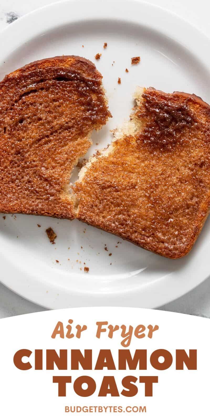 Overhead shot of ripped air fried cinnamon toast on white plate.