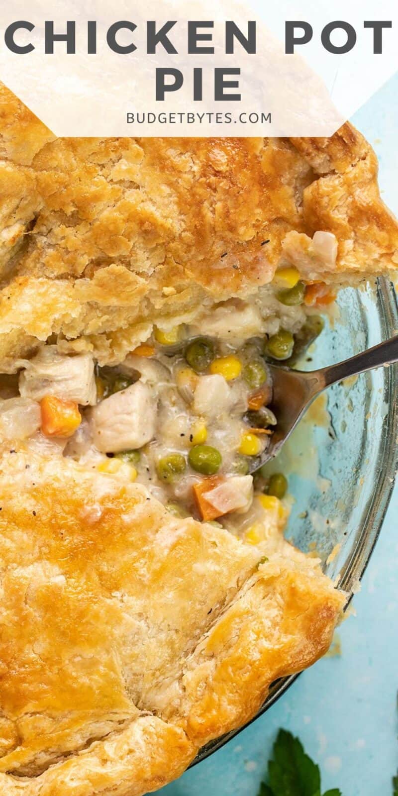 Overhead view of a chicken pot pie with a slice removed.