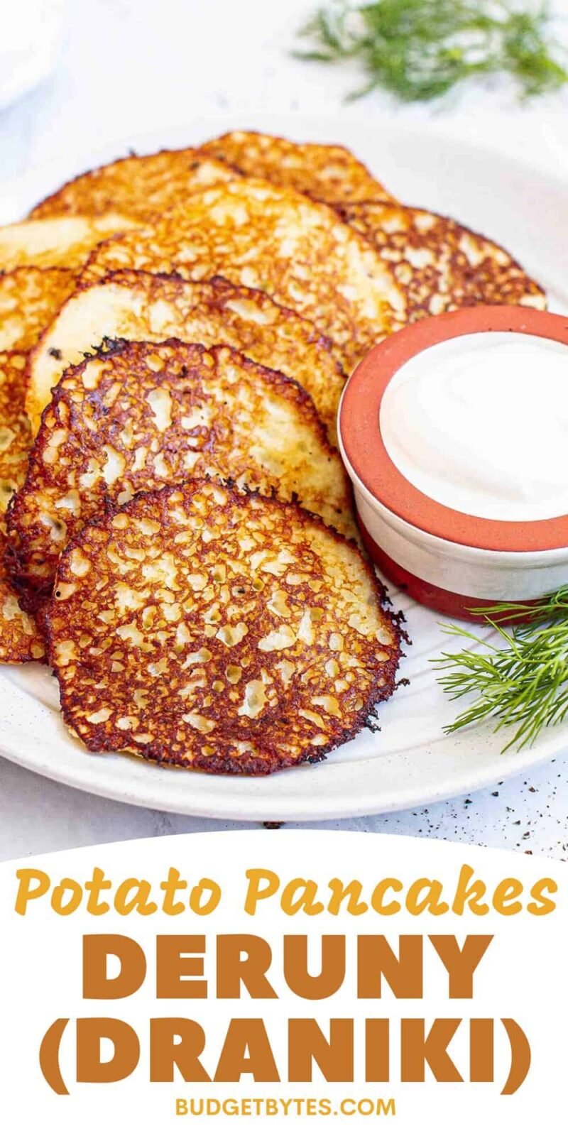 Side view of a plate of potato pancakes, title text at the bottom.