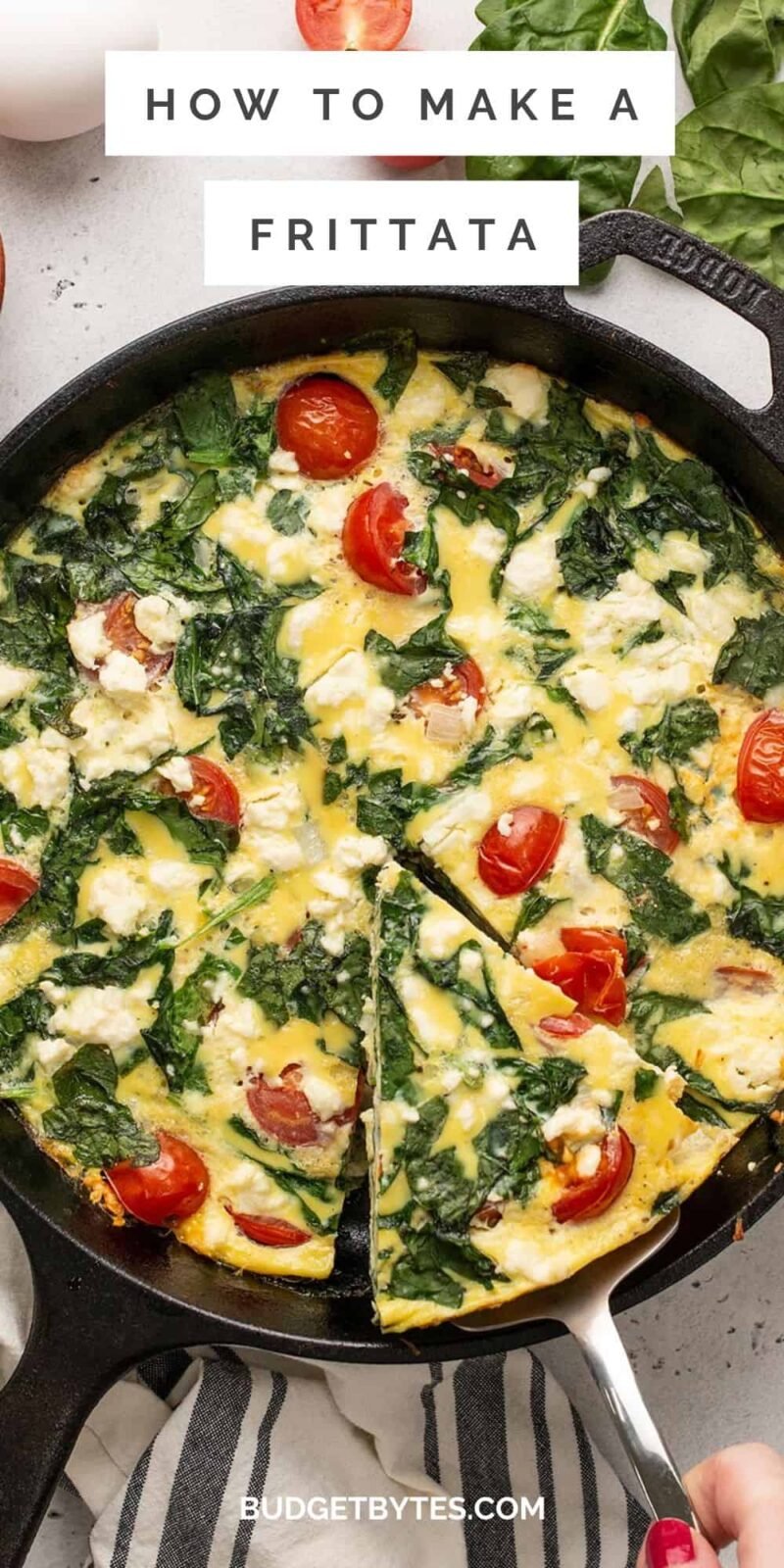 Overhead view of a frittata in a cast iron skillet.