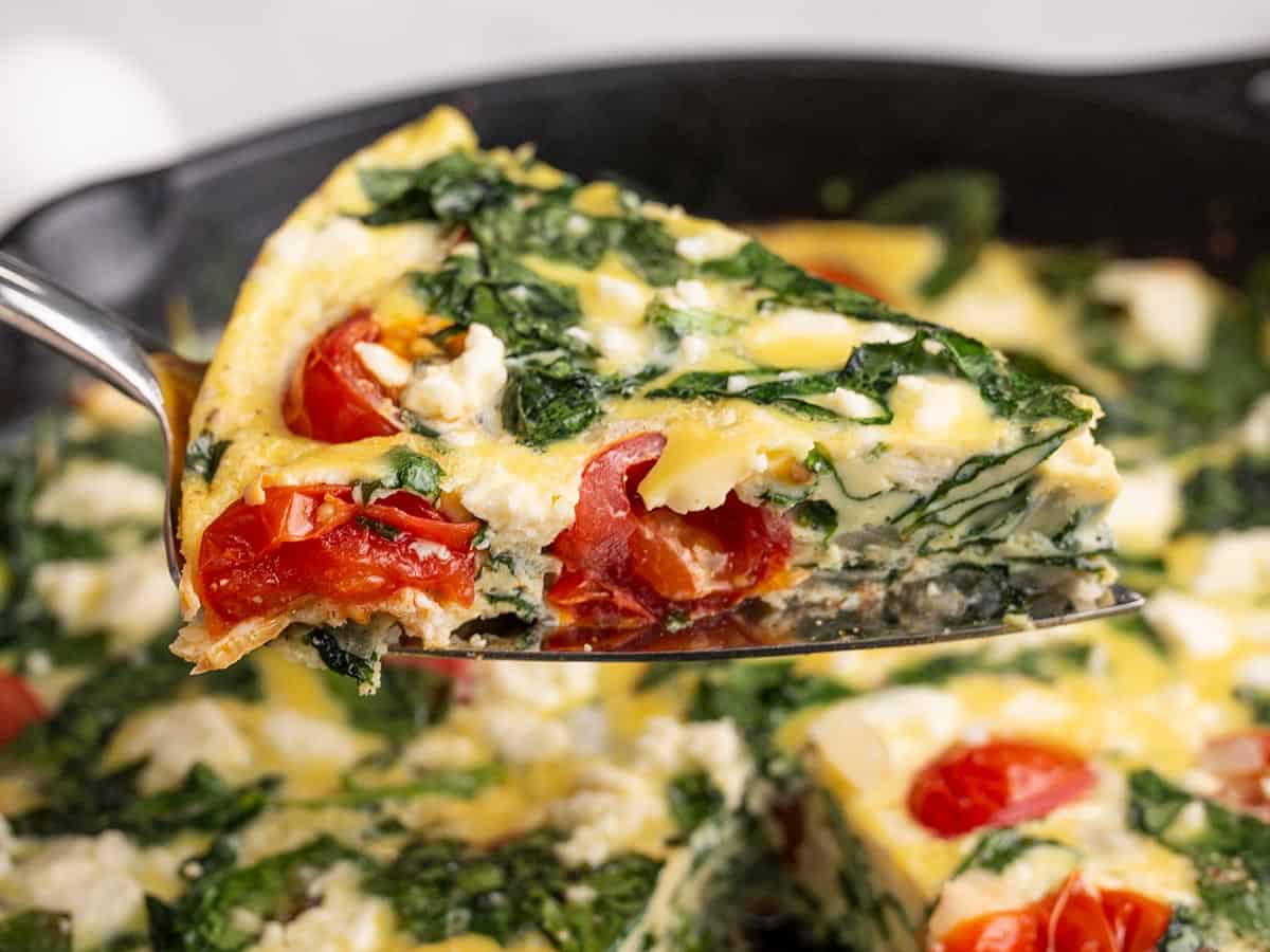 Side view of a slice of frittata
