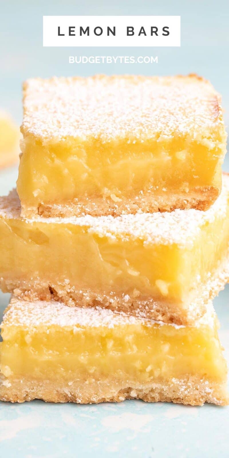 A stack of three lemon bars with title text at the top.