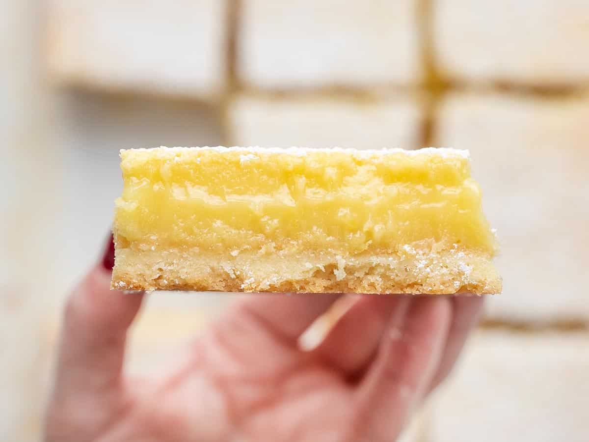 Close up side view of a lemon bar being held in a hand.