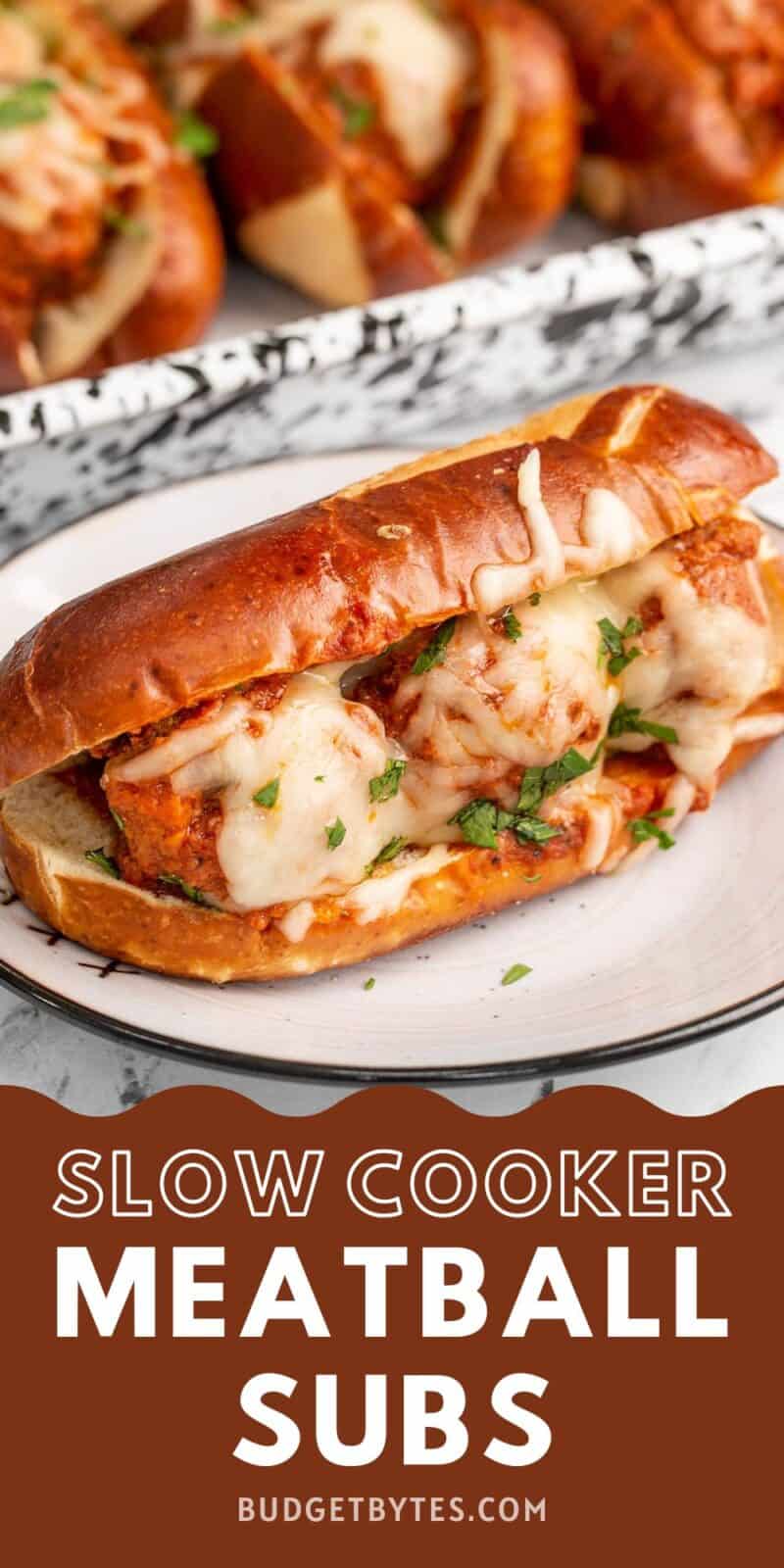 Side view of a meatball sub on a plate with a baking dish in the back.