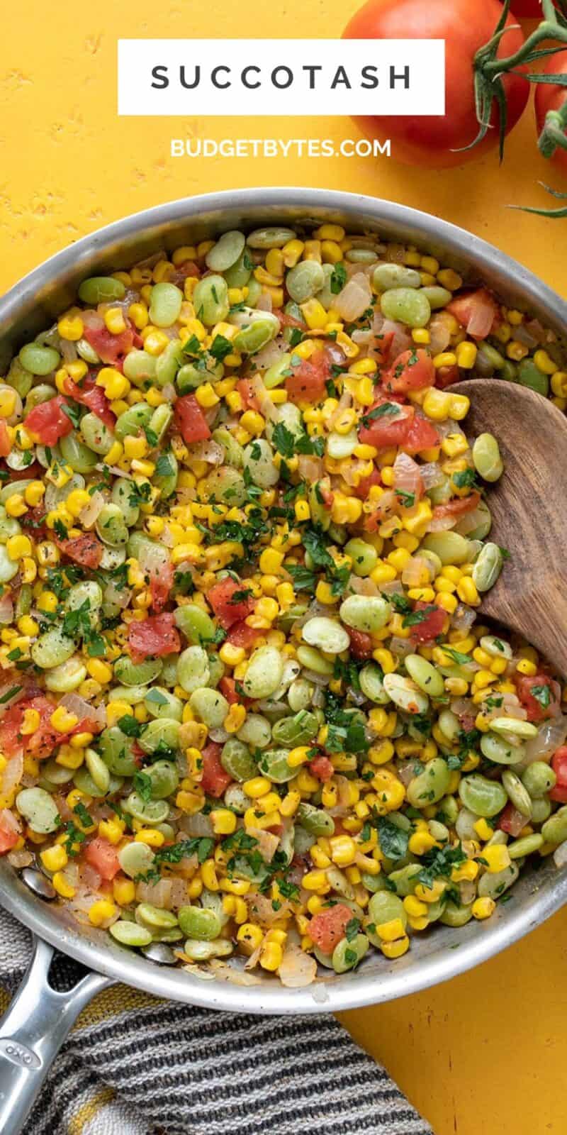 Overhead view of a skillet full of succotash.