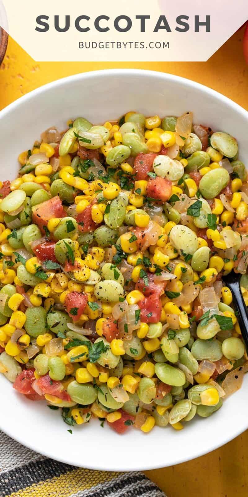 Overhead view of a bowl full of succotash.