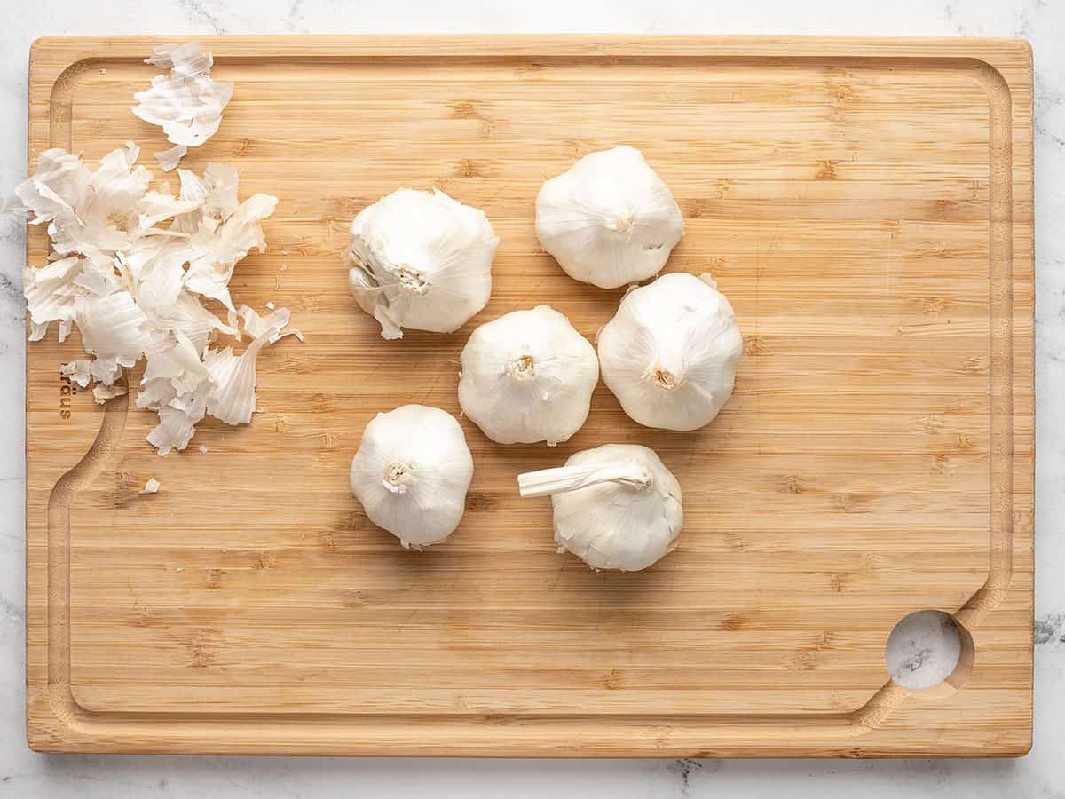 Prepped garlic with outer skins removed.