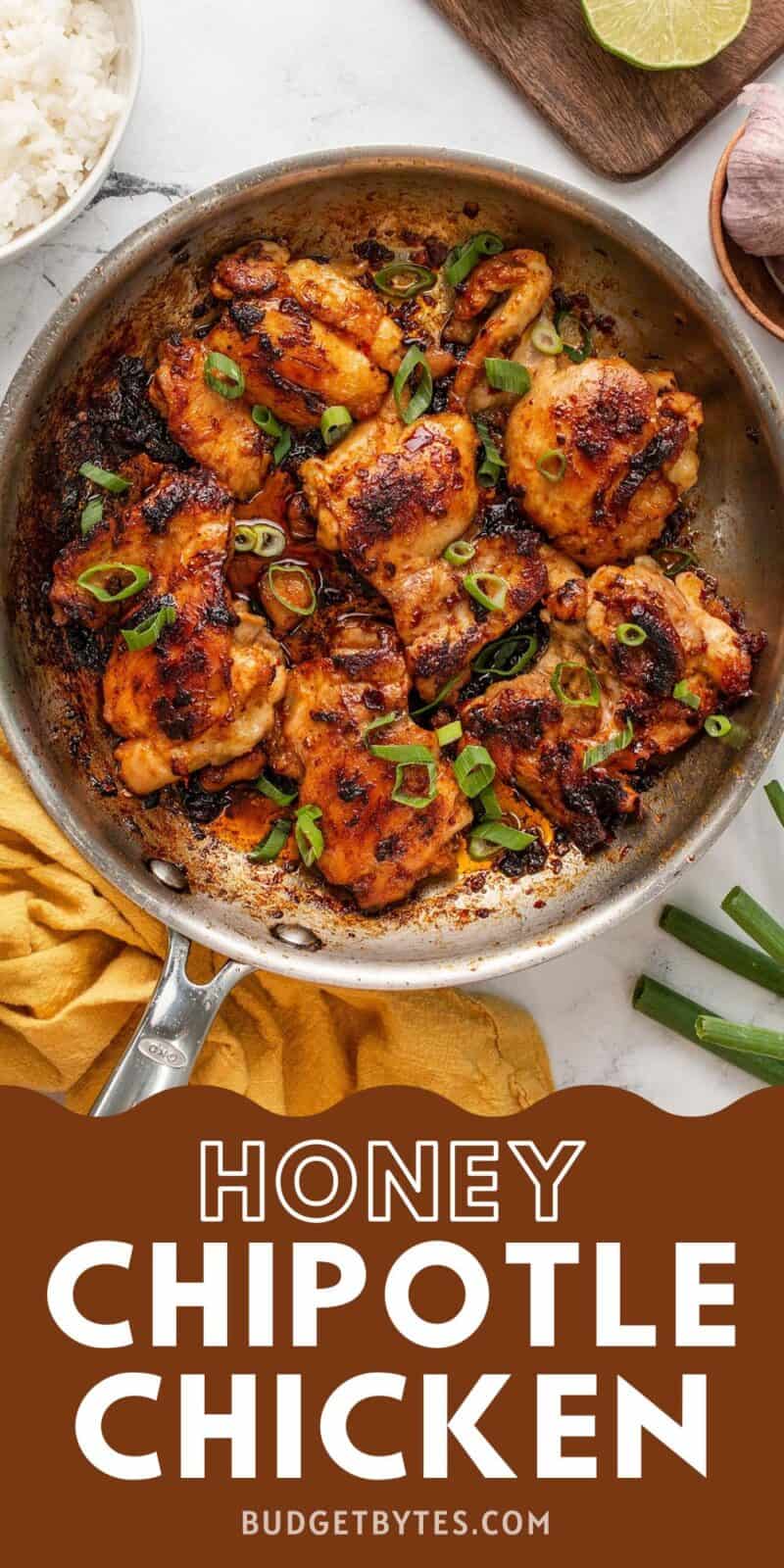 Honey Chipotle Chicken in the skillet with title text at the bottom.