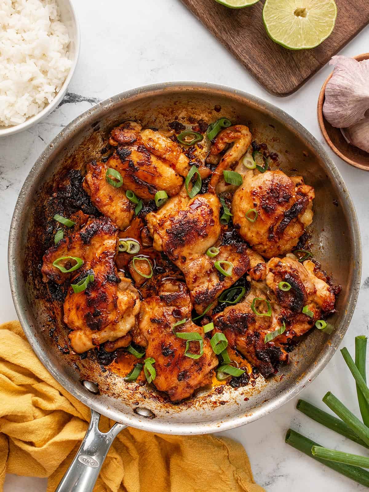 Honey Chipotle Chicken thighs in a skillet from above.