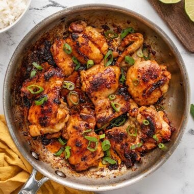 Overhead view of honey chipotle chicken in the skillet.