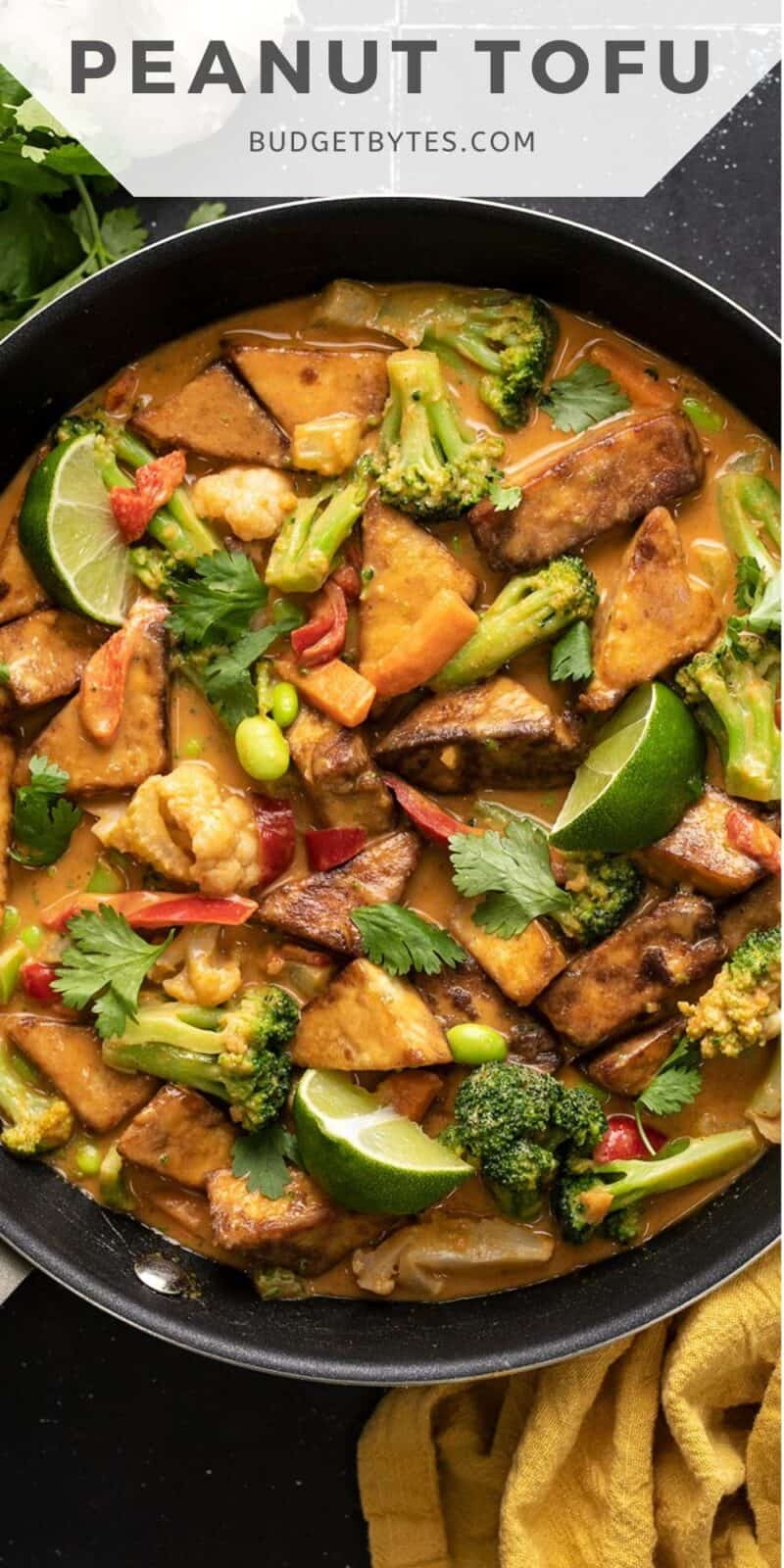 Overhead view of a skillet full of peanut tofu with title text at the top.