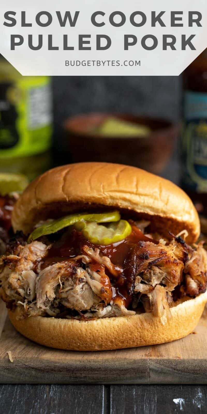 Side view of a pulled pork sandwich, title text at the top.