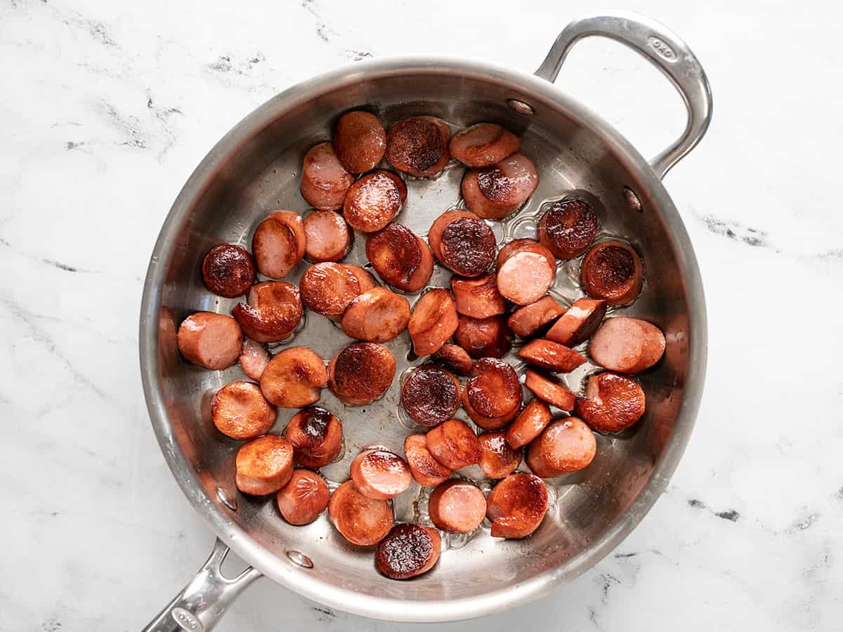 Browned sausage in a skillet. 