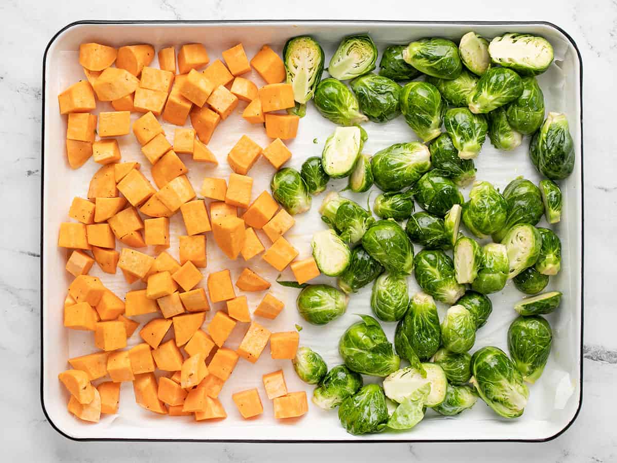 Vegetables on the sheet pan ready to roast.