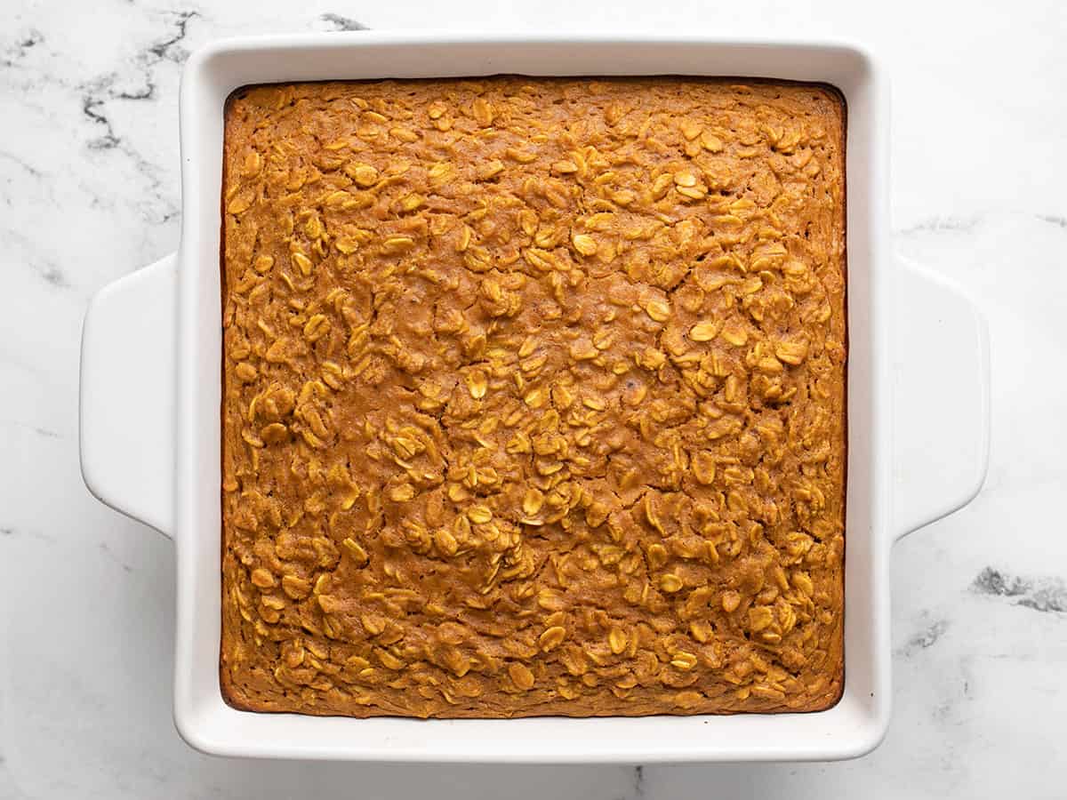 Baked pumpkin pie oatmeal in the baking dish.