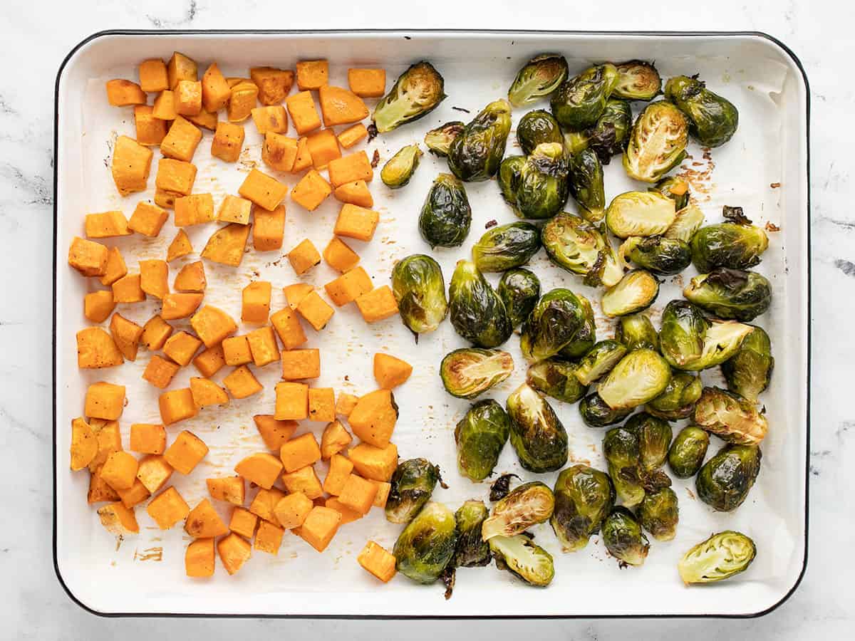 Roasted vegetables on the sheet pan.
