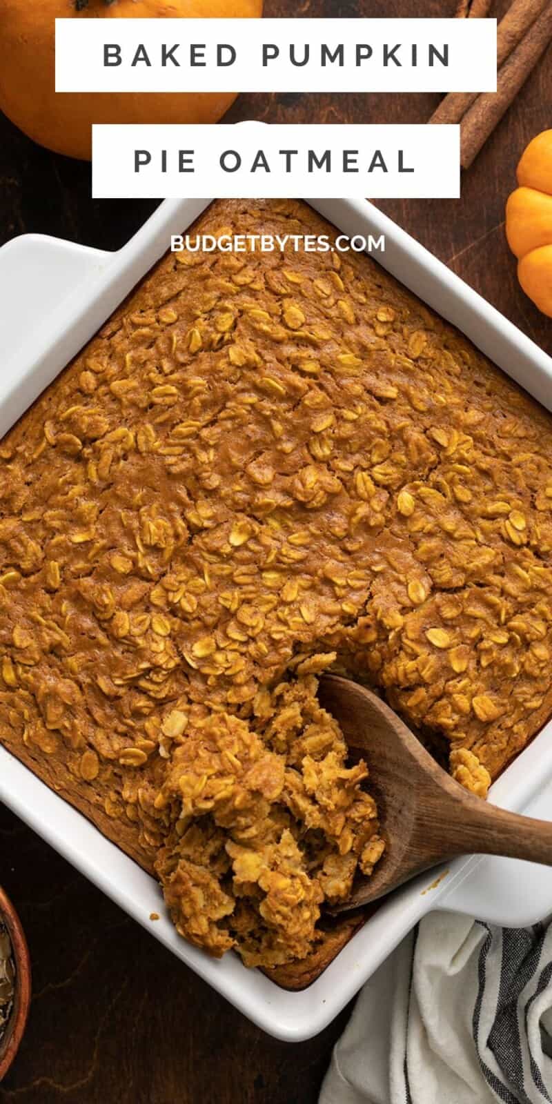Overhead view of a square baking dish full of baked pumpkin pie oatmeal.