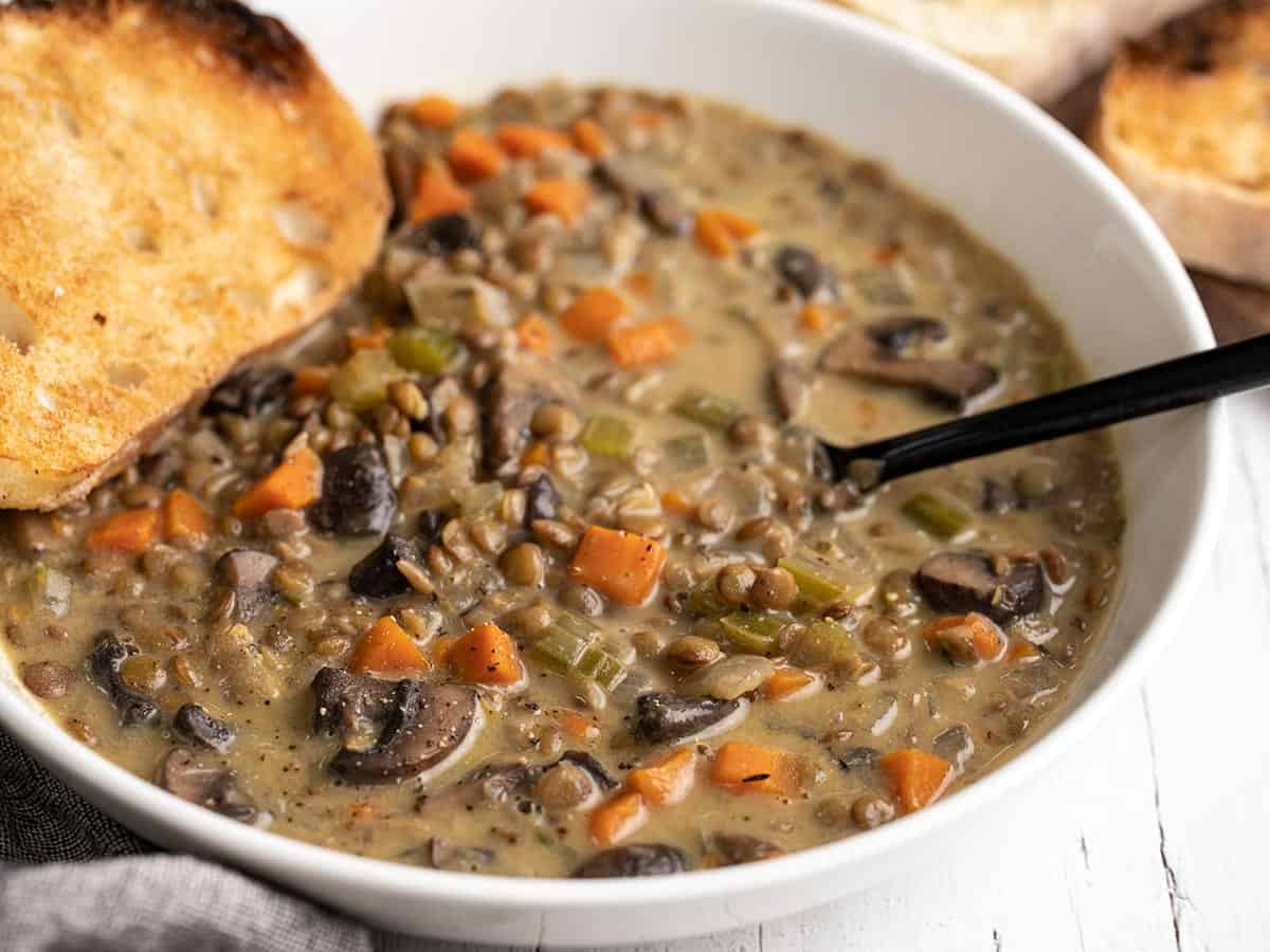 Close up side view of a bowl of creamy lentil vegetable soup.