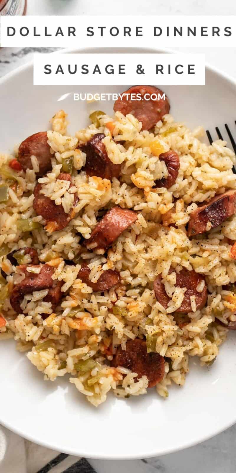 Overhead view of a bowl of sausage and rice with title text at the top.