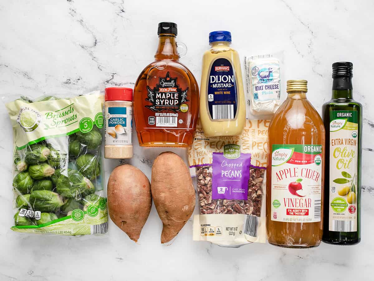 Ingredients for Roasted Brussels Sprouts Salad laid out on a surface.