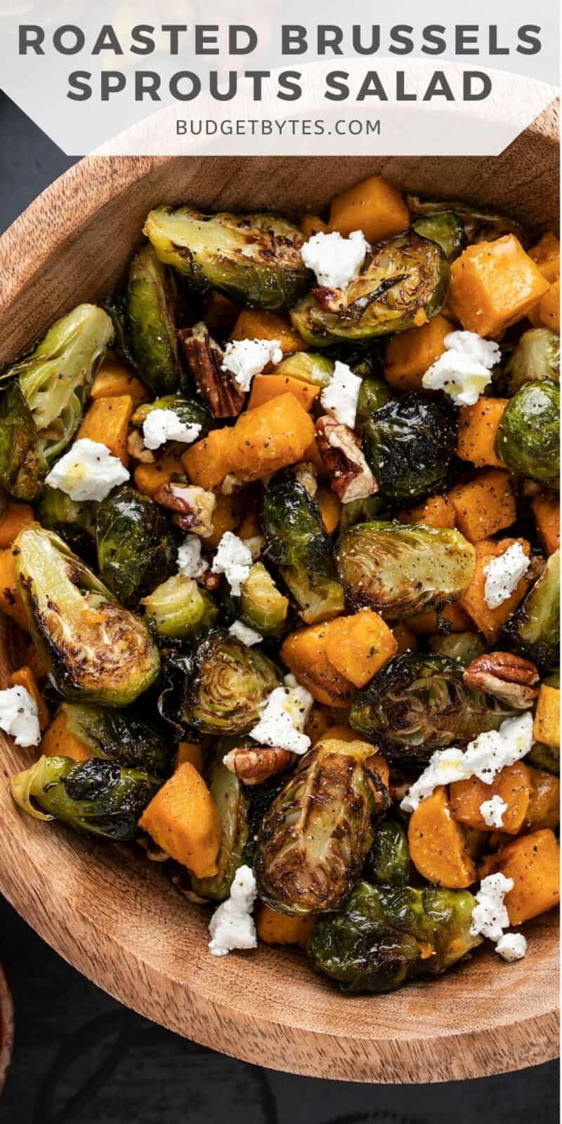 Close up overhead view of a bowl of roasted brussels sprouts salad with title text at the top.