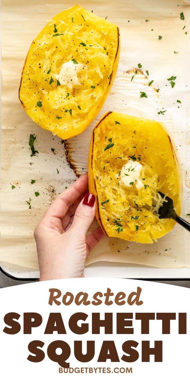 Overhead shot of roasted spaghetti squash dressed with butter and chopped Italian parsley. witha hand holding it and a fork in it.