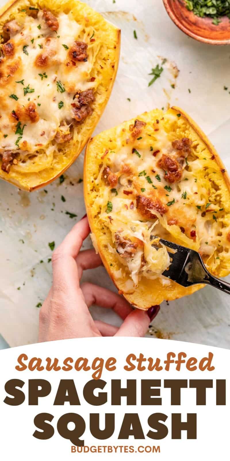 Overhead shot of a hand touching sausage stuffed spaghetti squash with a black fork in it.