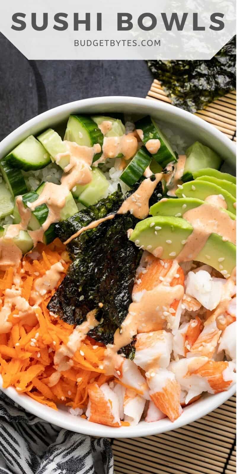 Close up overhead view of a sushi bowl with sriracha mayo.