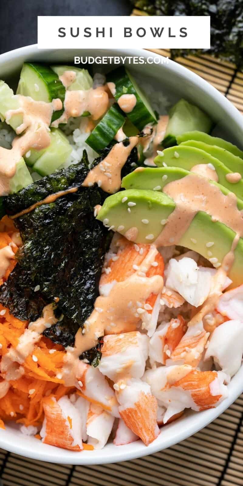 Close up overhead view of a sushi bowl.