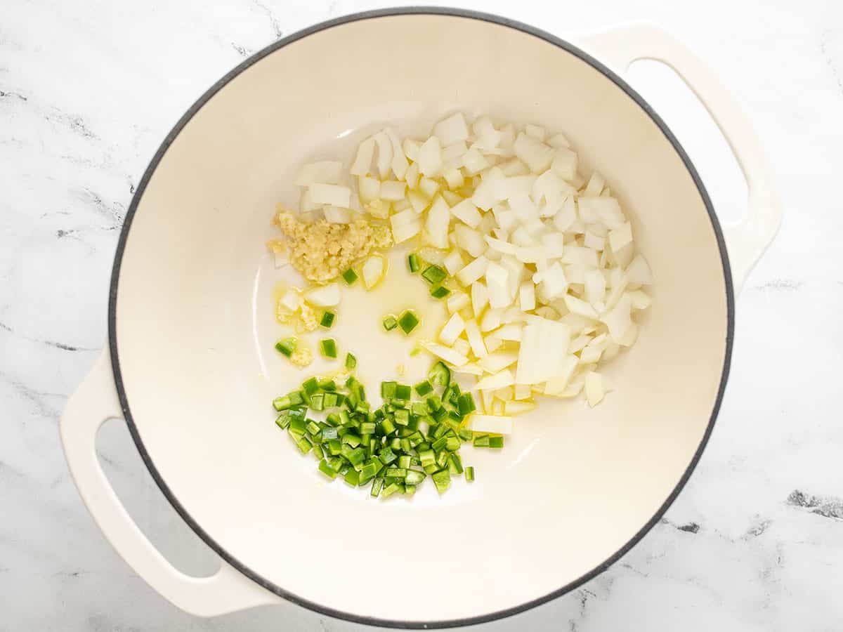 Diced aromatics in the pot with oil. 