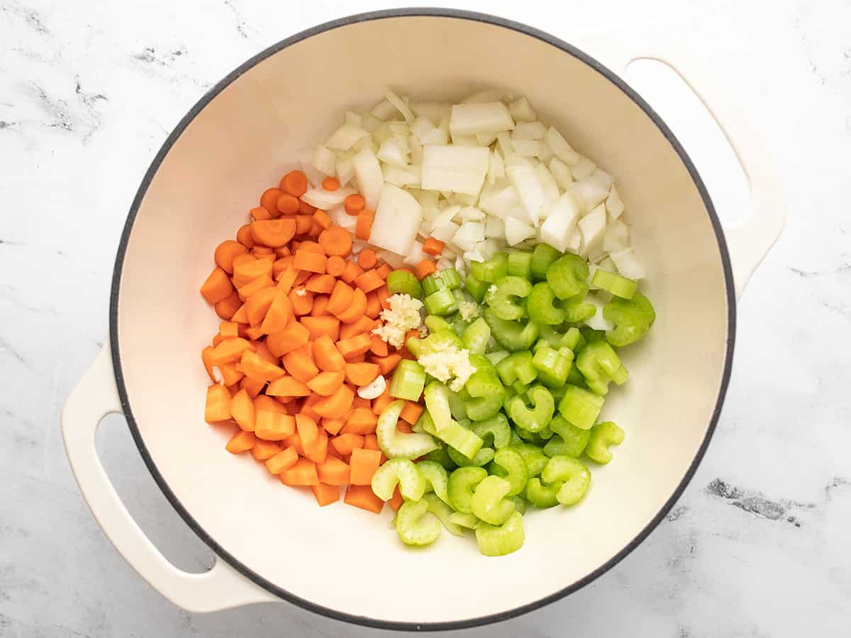 Carrot, onion, celery, and garlic in the soup pot.