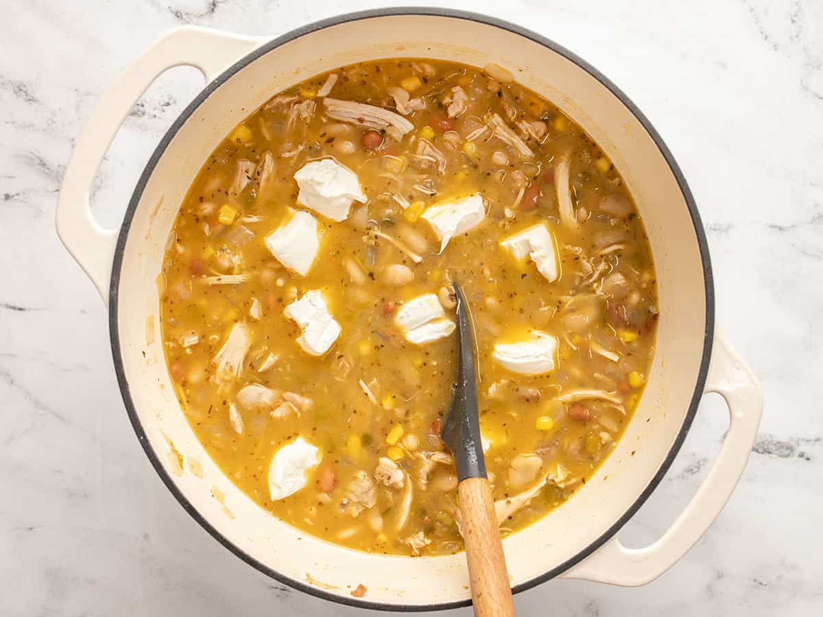 Cream cheese chunks added to the chili. 