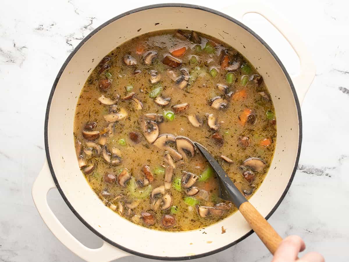 Simmered soup in the pot.
