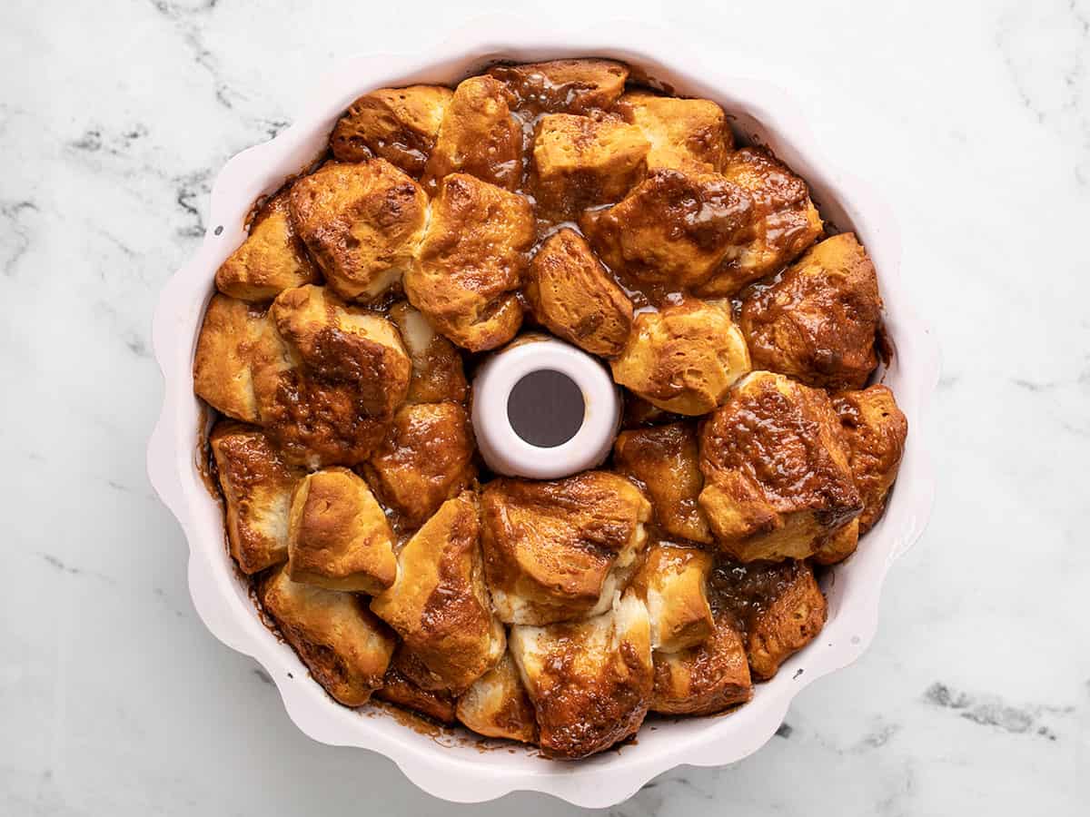 Overhead shot of baked Monkey Bread in a Bundt pan.