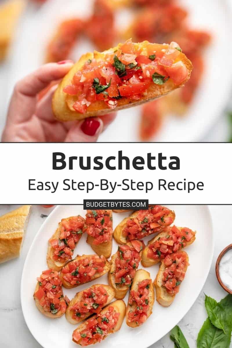 Overhead shot of a platter with bruschetta on it and a hand holding a slice.