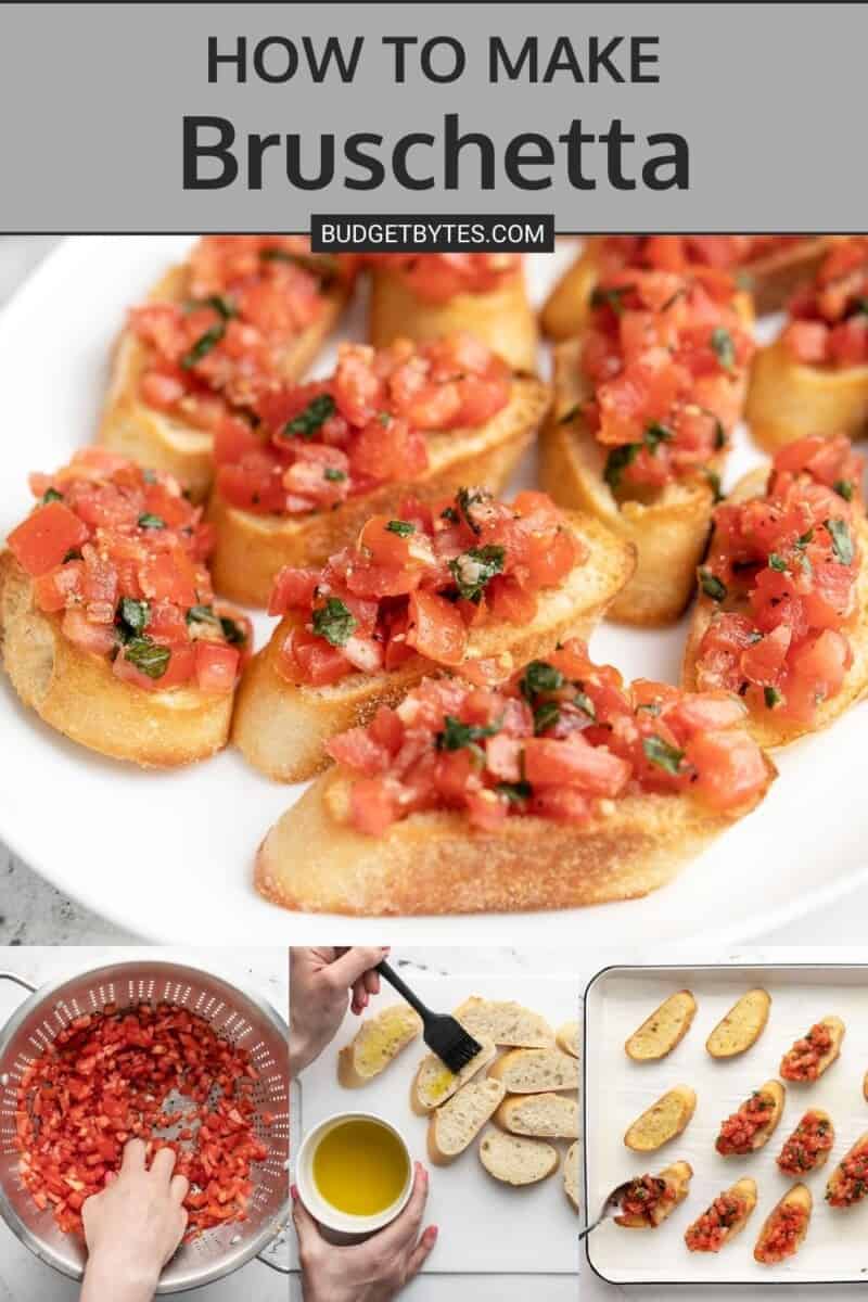 A collage made up of a side shot of a platter with bruschetta on it and three more overhead shots of the bruschetta-making process.