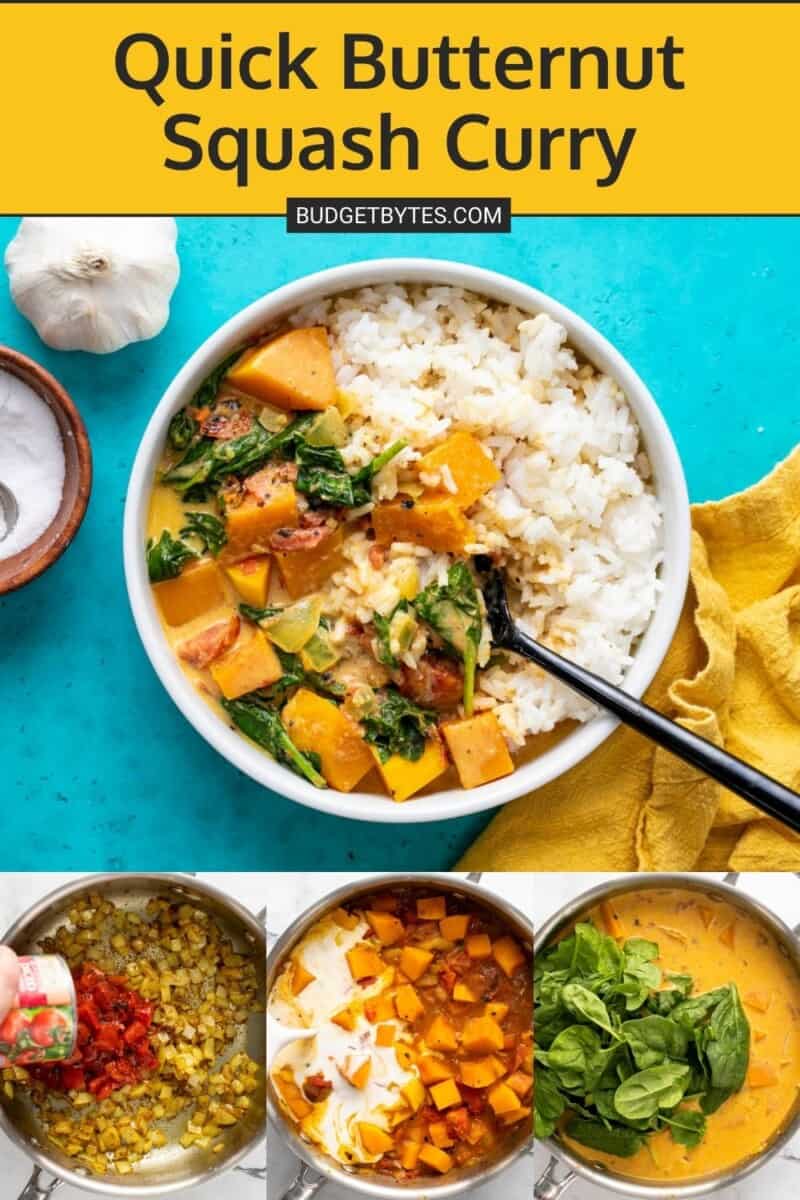Collage of butternut squash curry recipe photos with title text at the top.