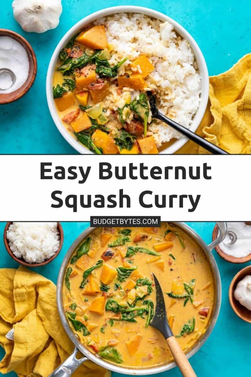 Two photos of butternut squash curry, one in a skillet the other in a bowl.
