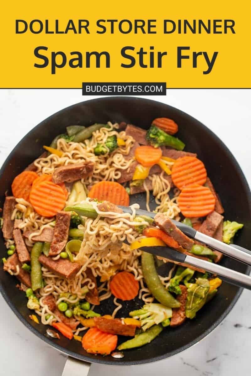 Overhead view of a skillet full of spam stir fry.
