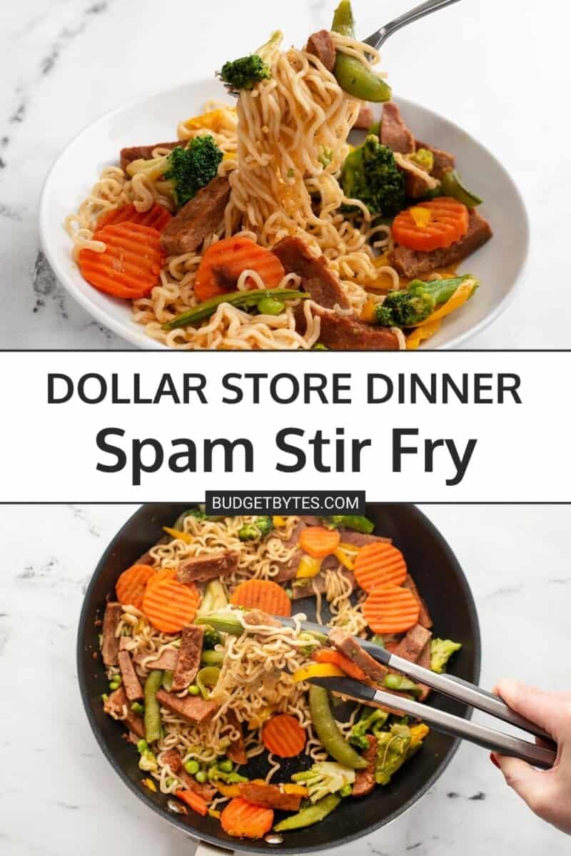 Two photos of spam stir fry, one in a bowl and the other in a skillet.