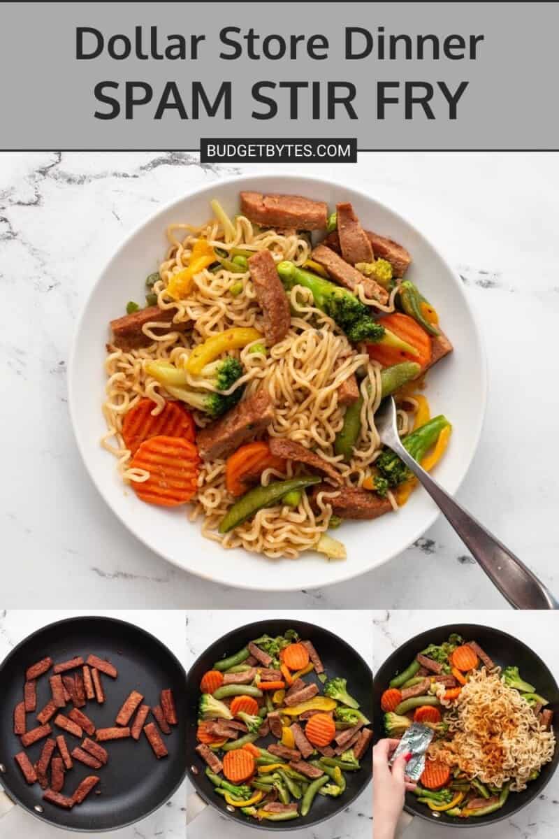 Collage of spam stir fry cooking photos.