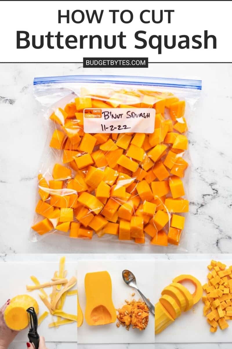 Collage of photos demonstrating how to cut butternut squash.