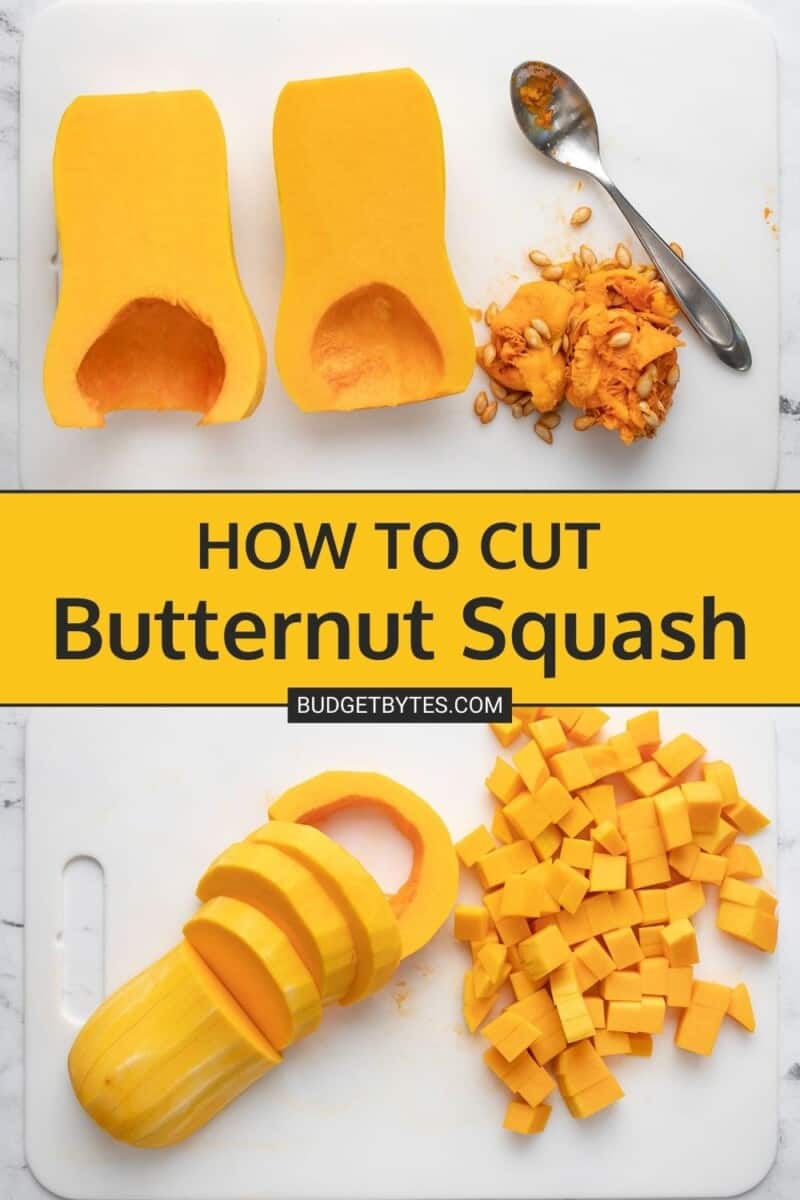 Collage of photos of butternut squash being cut.