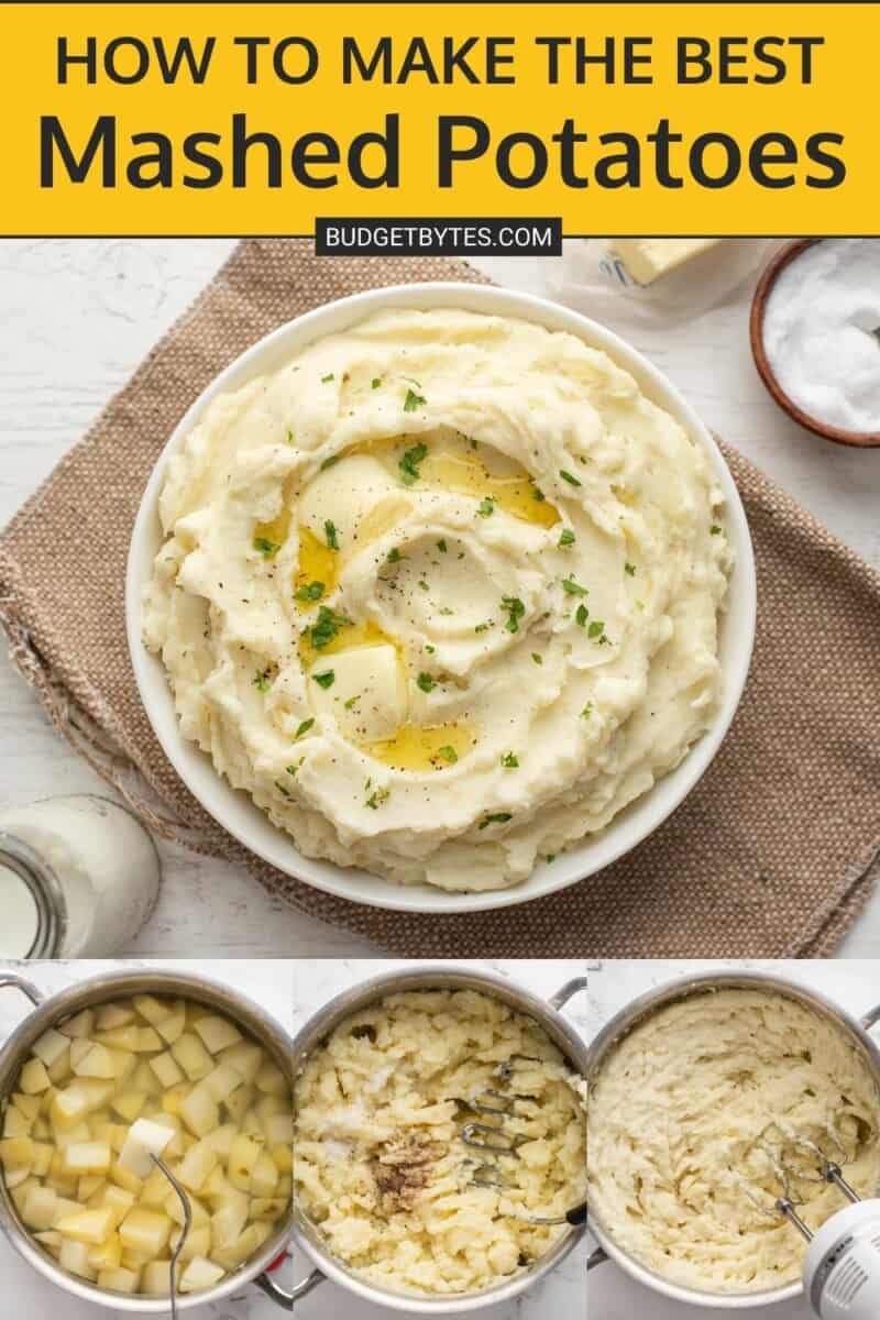 Collage of a bowl of mashed potatoes with three process photos.