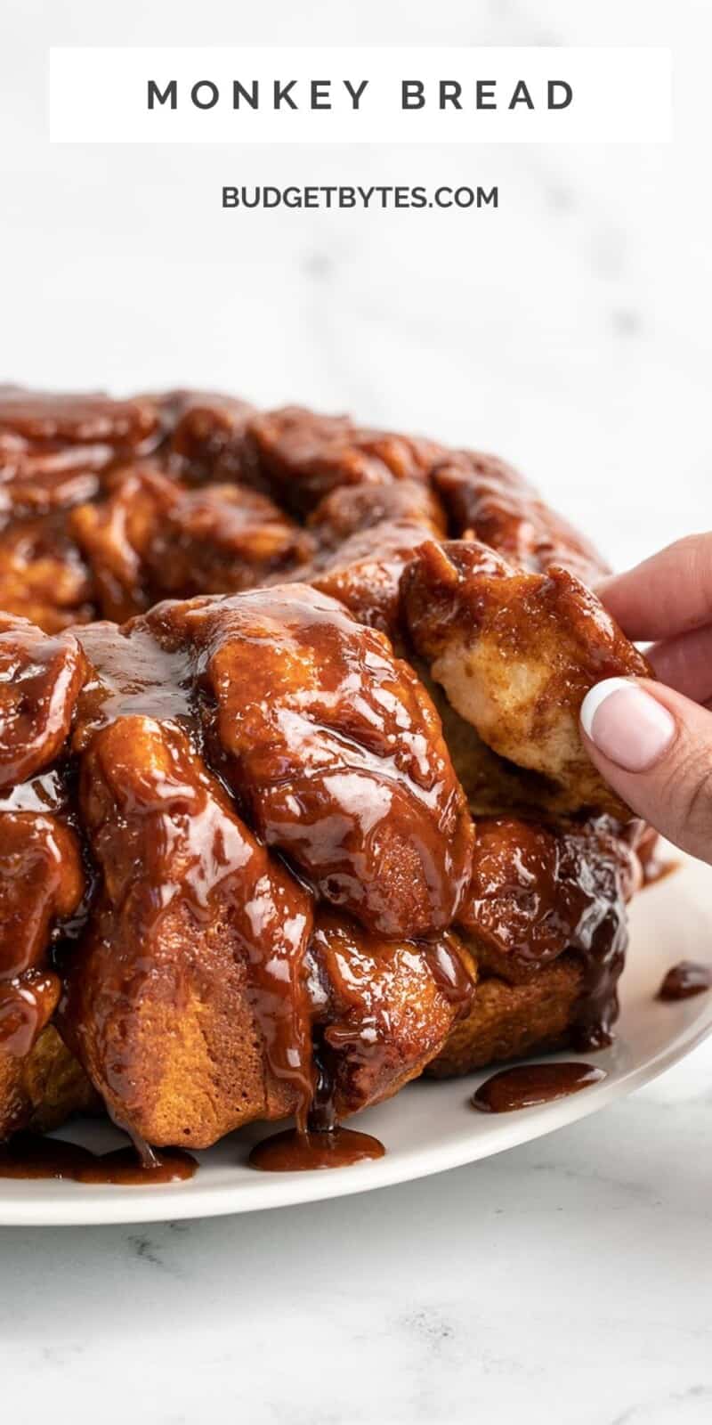Side shot of hand pulling a piece of monkey bread out of a loaf.