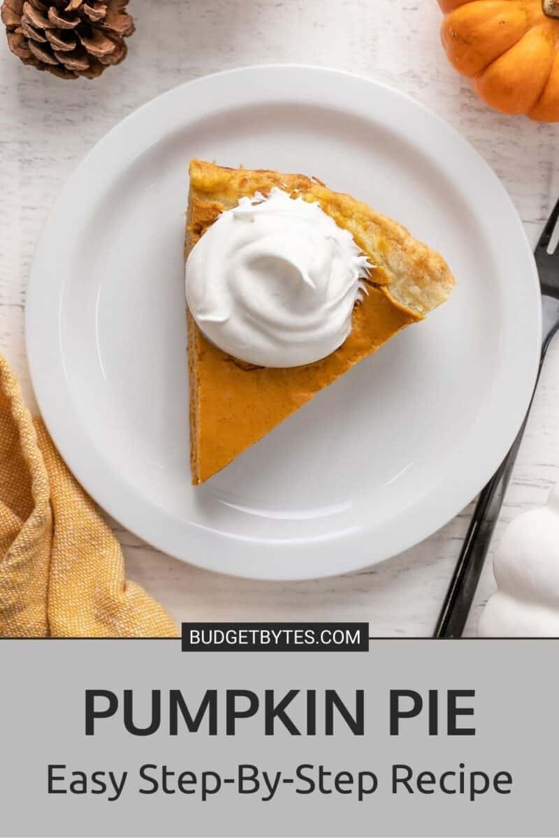 Overhead shot of slice of pumpkin pie. on a white plate with a dollop of whipped cream on top.